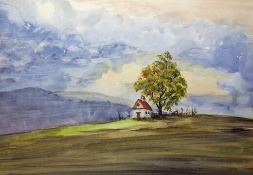 Watercolor handmade painting landscape with hills, small chapel building and tree