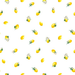Materiał do szycia Beautiful vector seamless pattern with watercolor yellow lemon fruits, leaves and flowers. Stock illustrations,.