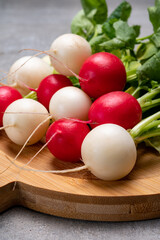 Fresh washed white and red radish vegetables ready to eat