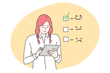 Customer assessment, business, feedback concept. Smiling businesswoman consumer cartoon character giving excellent rank comment for online survey. Marketing research and client experience illustration