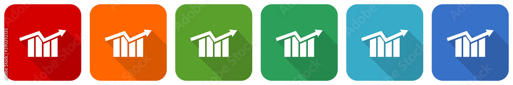 Poster graph, arrow, growth, business icon set, flat design vector illustration in 6 colors options for web