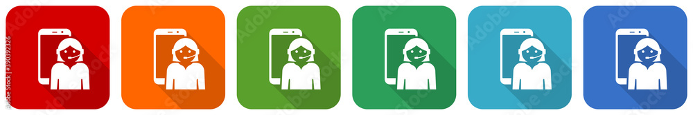 Aufkleber online customer service in smartphone, icon set, flat design vector illustration in 6 colors options