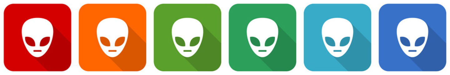 Alien face icon set, flat design vector illustration in 6 colors options for webdesign and mobile applications