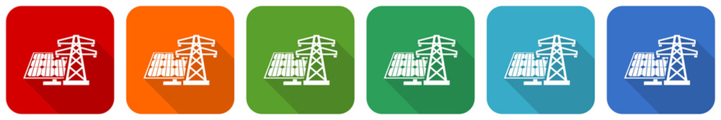 Solar panel, clean energy, power icon set, flat design vector illustration in 6 colors options for webdesign and mobile applications