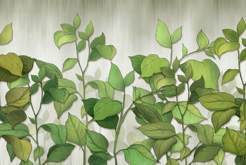 Green leaves of a house plant on a wall background. Tropical leaves. for interior printing. - 390392391