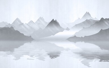 Landscape view of the silhouettes of the mountains near the lake. Texture of plaster in monochrome blue tones. - 390392535