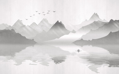 Landscape view of the silhouettes of the mountains next to the lake with a boat and a flock of birds. Texture of plaster in monochrome tones - 390392581