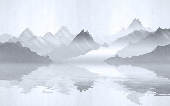 Landscape view of the silhouettes of the mountains near the lake. Texture of plaster in monochrome blue tones. © Katrine_arty