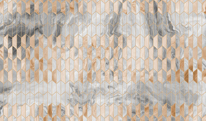 Narrow ornament of marble parquet with metal elements. Geometric abstraction, rhombuses. Fashion poster for textile, fabric, web, Wallpaper, poster, home design - 390392708