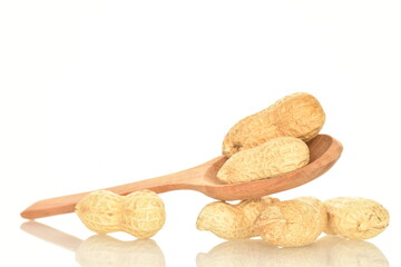 Unpeeled organic peanuts, close-up, on a white background.