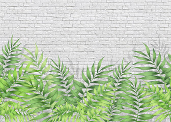 Pattern of summer tropical leaves. Horizontal pattern.Silhouettes of leaves, plants against a brick wall. - 390392740