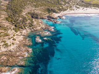 rocky coastline and Ostriconi beach in Corsica