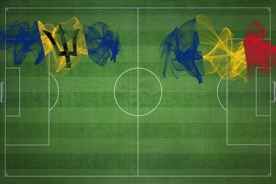 Barbados vs Romania Soccer Match, national colors, national flags, soccer field, football game, Copy space