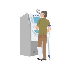 松葉杖の男性　ATM操作　困る　男性　イラスト
