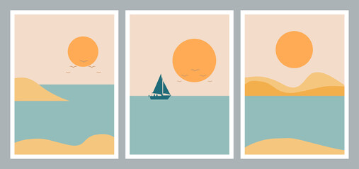 Set of abstract minimalist aesthetic posters backgrounds with sea landscape, couple silhouette, yacht. Trendy vector illustration for wall decoration, postcard or brochure, social media.
