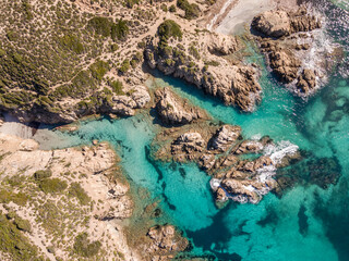 Rocky coastline and turquoise mediterranean at Ostriconi in Corsica
