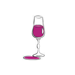 Wineglass liquor. Drink element. Color object. Retro glass wine hand draw, design for any purposes. Restaurant illustration. Simple sketch. Isolated on white background in engraving style