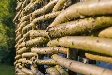 Close shot of a fence made of twigs found often in United Kingdom as a soft and natural garden fencing