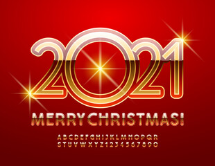 Vector elite greeting card Merry Christmas 2021! Red and Golden Uppercase Font. Shiny luxury Alphabet Letters and Numbers set 