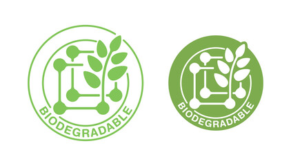 Biodegradable polymers flat icon - green emblem with plastic polymer molecular structure and plant leaf inside - eco-friendly plastic products marking
