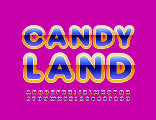 Vector bright banner Candy Land. Glossy modern Font. Creative Alphabet Letters and Numbers set