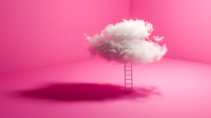 Foto op Aluminium Success concept: A ladder leaning against a real cloud in a pink room. The sky is the limit. © Andreas Prott