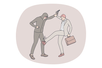 Robbery, crime, business concept. Young businessman clerk manager with suitcase kicking leg fighting against robber criminal with gun. Struggle for life and phyical agression violence illustration.