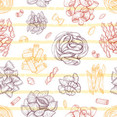Pasta Pattern. Italian vector food seamless background. Macaroni sketch doodle illustration. Vintage drawing from Italy. Outline pasta icon art. Fettuccine Fusilli Gobetti
