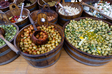 Olives displaying on a street market stand
