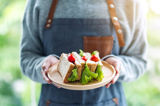 Closeup image of a waitress holding and serving whole wheat sandwich in wooden plate
