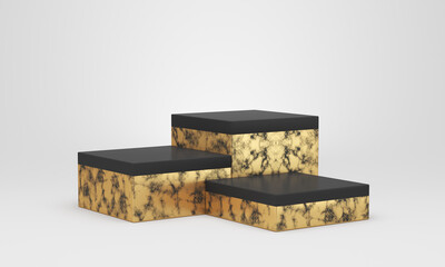Three dice podium. Illustrations for advertising. Empty black pedestal stand with gold decor. Presentation stand on a white background. 3D rendering.