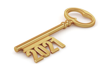 Happy New Year 2021. Golden shiny key with numbers 2021. New year illustration. 3d rendering.