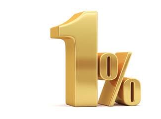 1% discount on sale. Gold one percent isolated on white background. 3d rendering. Illustration for advertising.