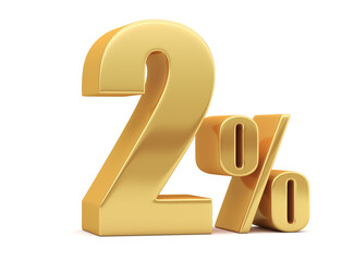 2% discount on sale. Golden two percent isolated on white background. 3d rendering. Illustration for advertising.