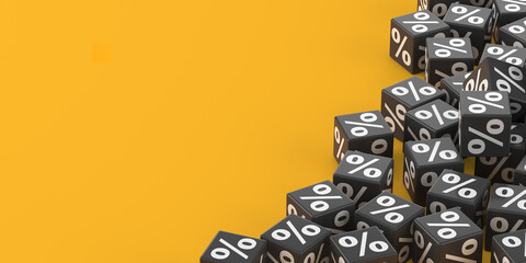 Many black dice are scattered with white percentages depicted on them on a yellow background. 3d rendering. Illustration for advertising.
