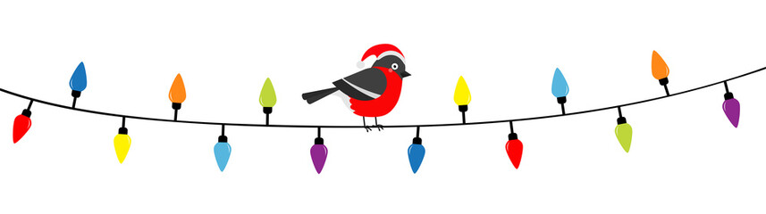 Bullfinch bird in red Santa hat. Lightbulb glowing garland. Christmas lights. Colorful string fairy light set. Cone shape. Holiday festive xmas decoration. Flat design. White background.