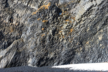 Black basalt columns of Reynisfjara, famous black-sand beach in the South Coast of Iceland. Reynisfjara Black Sand Beach in Iceland.
