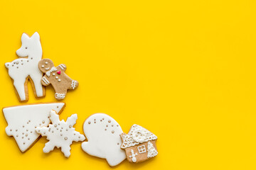 Flat lay of icing gingerbread cookies, top view