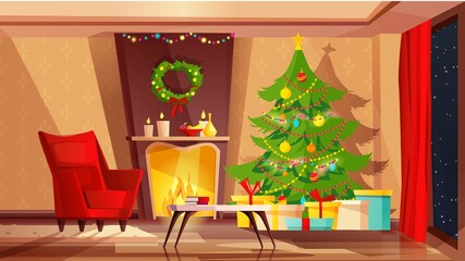 Cozy living room interior decorated for Christmas holidays. Cartoon vector illustration with red sofa, Christmas tree, fireplace and gifts.
