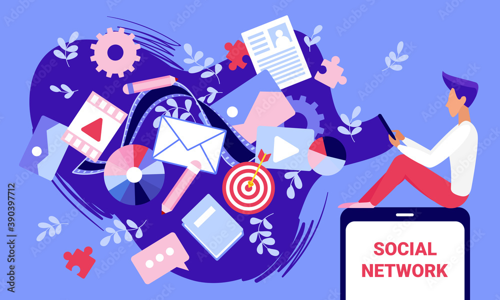 Aufkleber Social media content technology concept vector illustration. Cartoon user man using mobile phone for creating blog photo, music and video content, email in abstract cloud and communication background