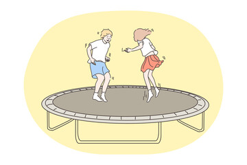 Jumping children, childhood, fun concept. Happy boy girl brother sister kids friends bouncing on trampoline on playground together. Summertime fun leisure activity at weekend holiday illustration.