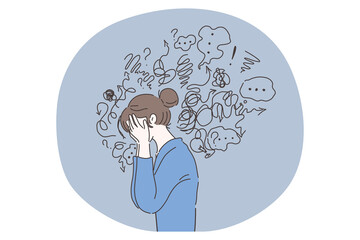 Headache, depression, anxiety concept. Vector illustration. Crying woman suffering fatigue from frustration depression complex psychological disease. Mental stress panic mind disorder illustration.