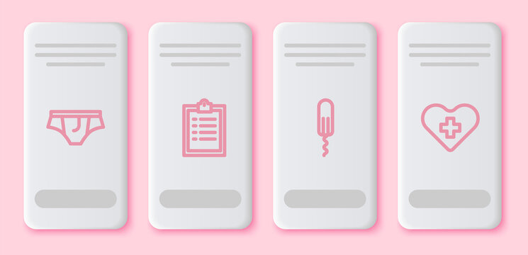 Set line Underwear, Clipboard with checklist, Sanitary tampon and Heart cross. White rectangle button. Vector.