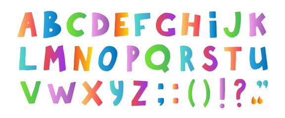 Colorful doodle font. Trendy gradient childish alphabet letters