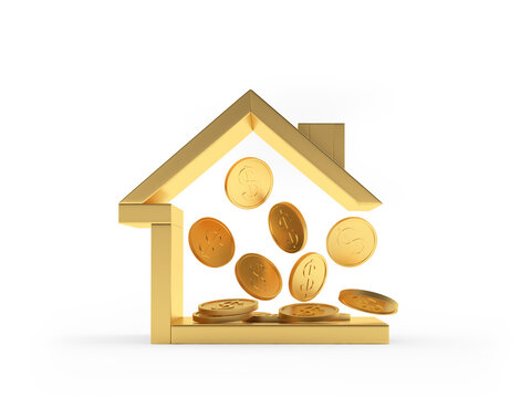 Gold House Icon With Coins Inside Isolated On White Background. 3D Illustration