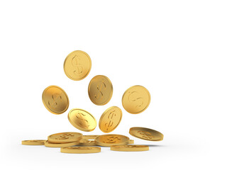 Heap of gold falling coins on a white background. 3D illustration