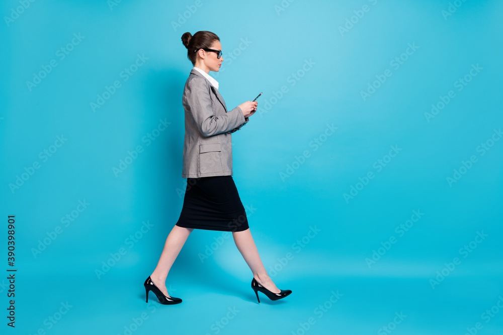 Poster full size profile side photo lady boss go copyspace use cellphone wear blazers skirt isolated blue c