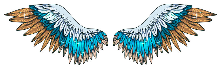 Beautiful magic shiny bright sparkling turquoise beige vector wings