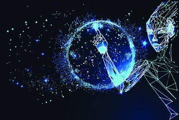 Artificial intelligence. Cyborg girl with electronic brain. Machine learning technology concept.