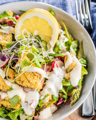 A plate of crispy Calamari Salad with lettuce, radish, lemon, tomatoes, asparagus and avocado.